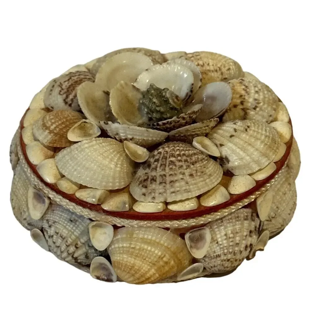 Vintage Seashell Round Trinket Box Red Lined Boho Beach Decore Small Flaws